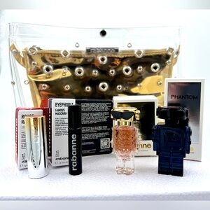 NWT Paco Rabanne Fame Phantom gold pouch zip rivets clutch 5 pcs gift bundle